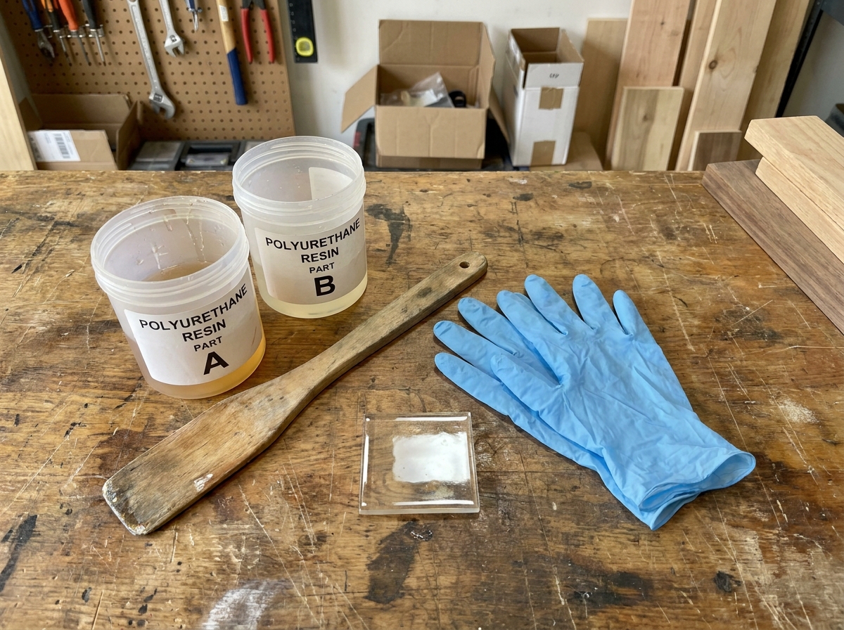 Gros plan sur les outils et produits nécessaires pour travailler la résine polyuréthane en atelier