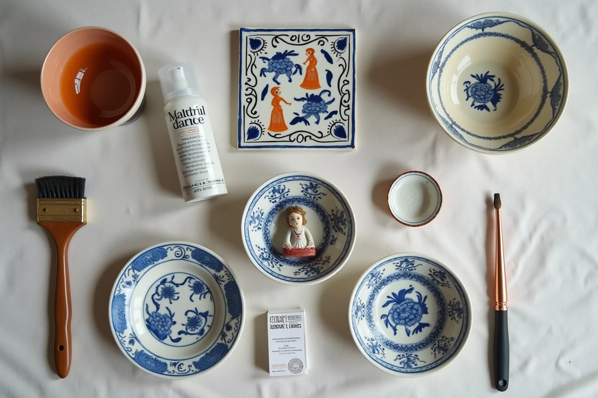 Mise à plat des outils et matériaux pour l'entretien et la restauration de pièces en faïence Henriot Quimper