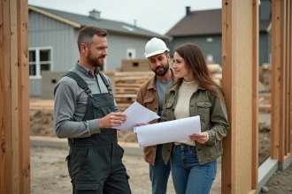 Ouvrier en travaux expliquant les coûts à un couple sur un chantier