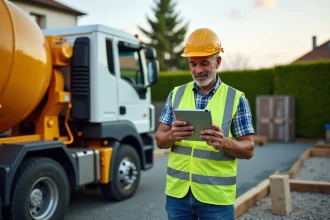 Ouvrier de construction avec tablette devant camion de beton