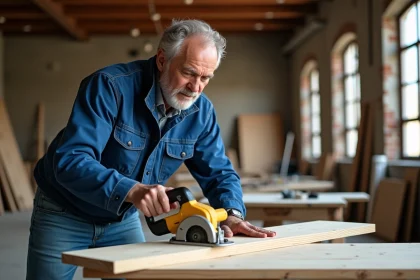 Homme en veste de travail coupe du bois dans un atelier