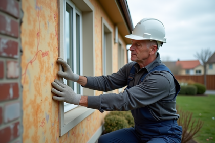 Ouvrier en overalls appliquant des panneaux d'isolation sur une maison