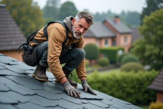 Ouvrier couvreur en action sur un toit moderne