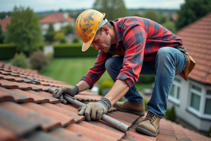 Homme couvreur en action sur un toit résidentiel