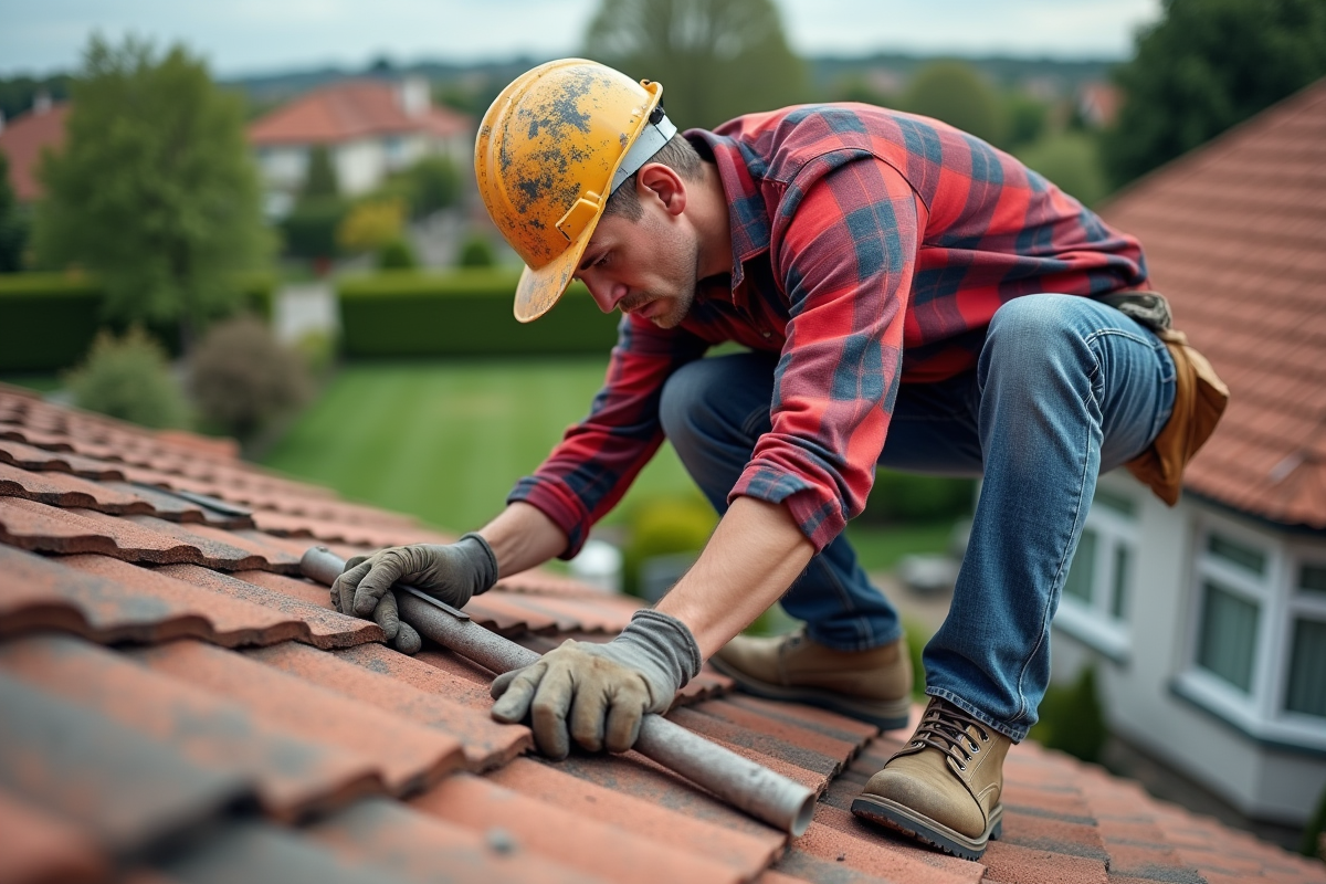 Homme couvreur en action sur un toit résidentiel