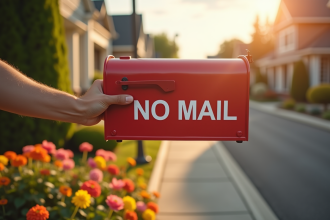 Main tenant une pancarte rouge no mail devant boîte aux lettres