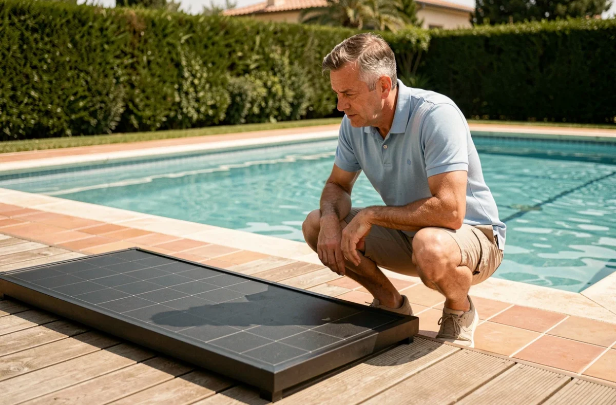 Homme examinant un panneau solaire thermique installé sur une terrasse en bois près d'une piscine résidentielle