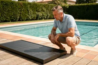 Homme examinant un panneau solaire thermique installé sur une terrasse en bois près d'une piscine résidentielle