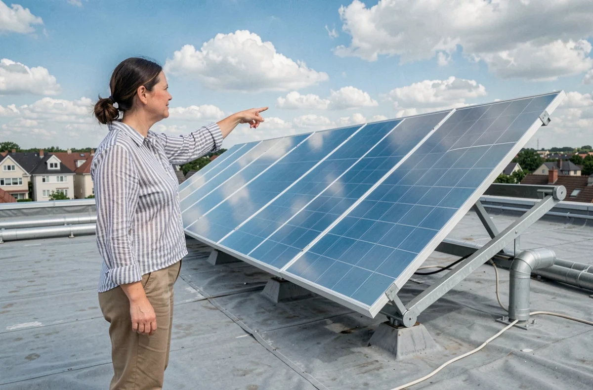 Femme sur un toit désignant des panneaux solaires thermiques pour le chauffage de piscine