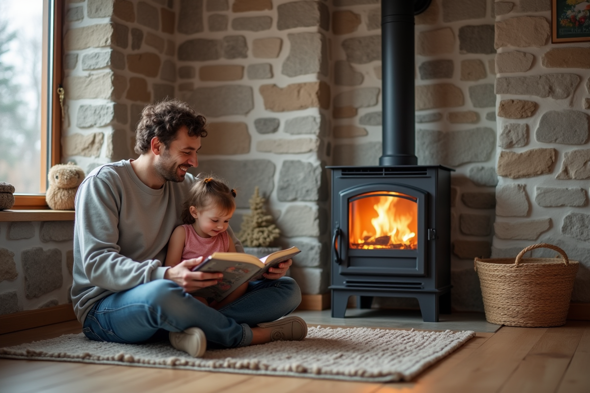 Père lisant un livre à sa fille dans un intérieur chaleureux