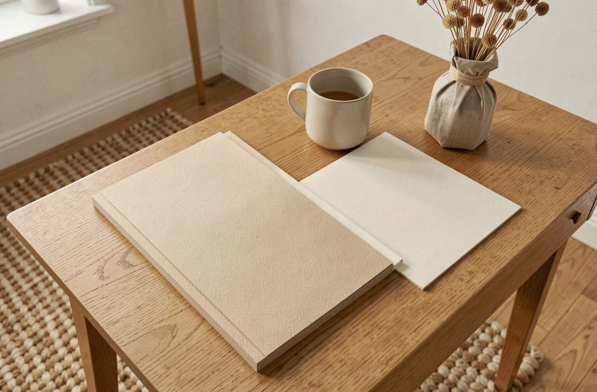 Bureau scandinave élégant avec papier beige et blanc cassé en décoration intérieure raffinée