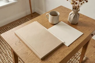 Bureau scandinave élégant avec papier beige et blanc cassé en décoration intérieure raffinée
