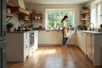Cuisine familiale avec parquet en chêne massif résistant aux taches et à l'humidité