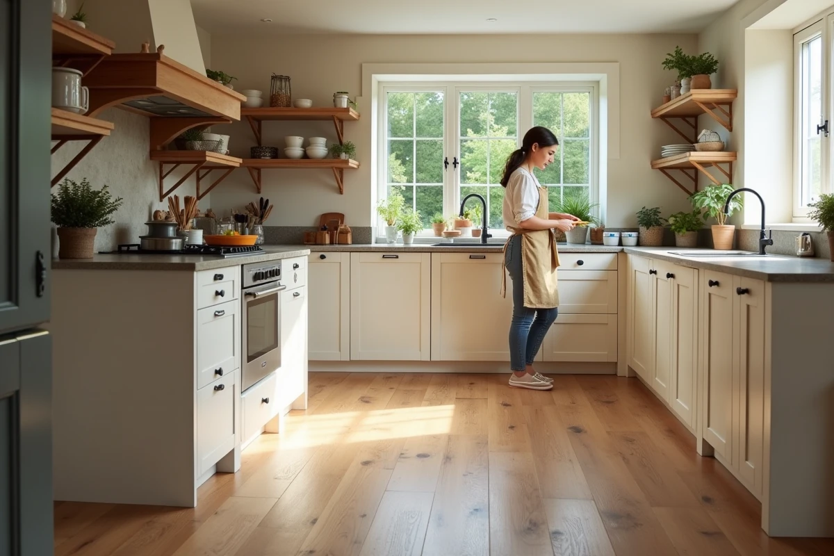 Cuisine familiale avec parquet en chêne massif résistant aux taches et à l'humidité