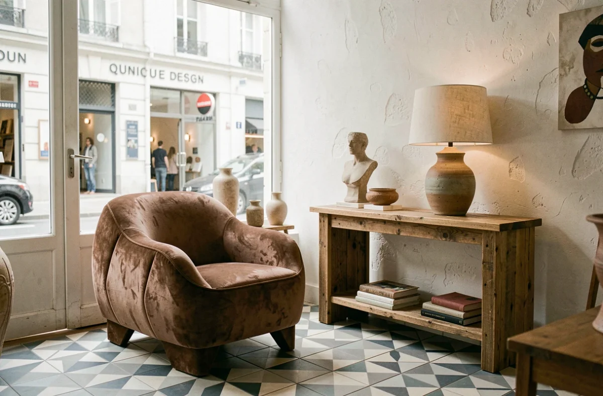 Atelier Piece Unik avec mobilier artisanal exclusif, fauteuil en velours et lampe céramique sur console en bois