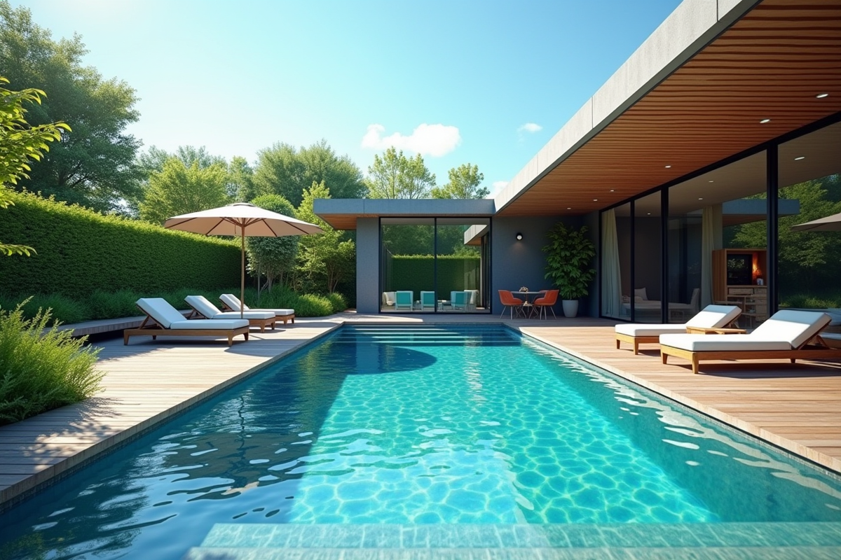 Piscine salée moderne avec eau turquoise et espace détente