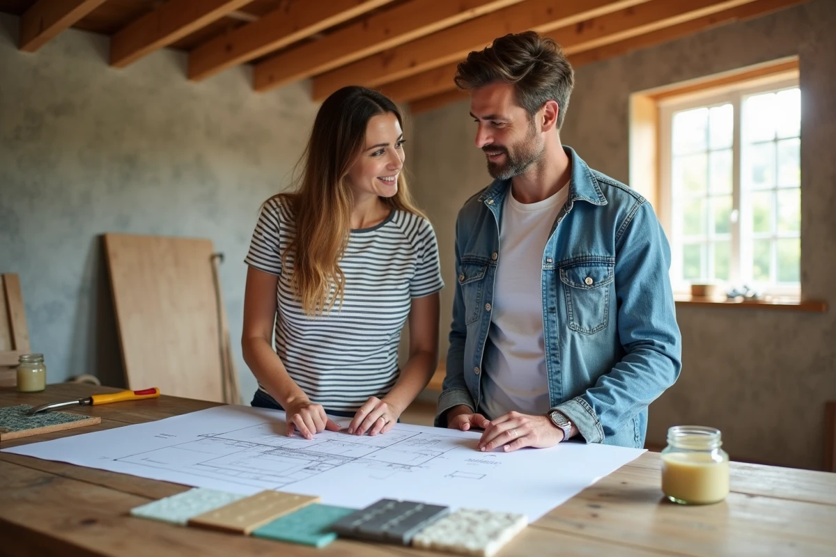 Couple planifiant une rénovation écologique avec des échantillons de matériaux durables comme le bambou et la laine de mouton