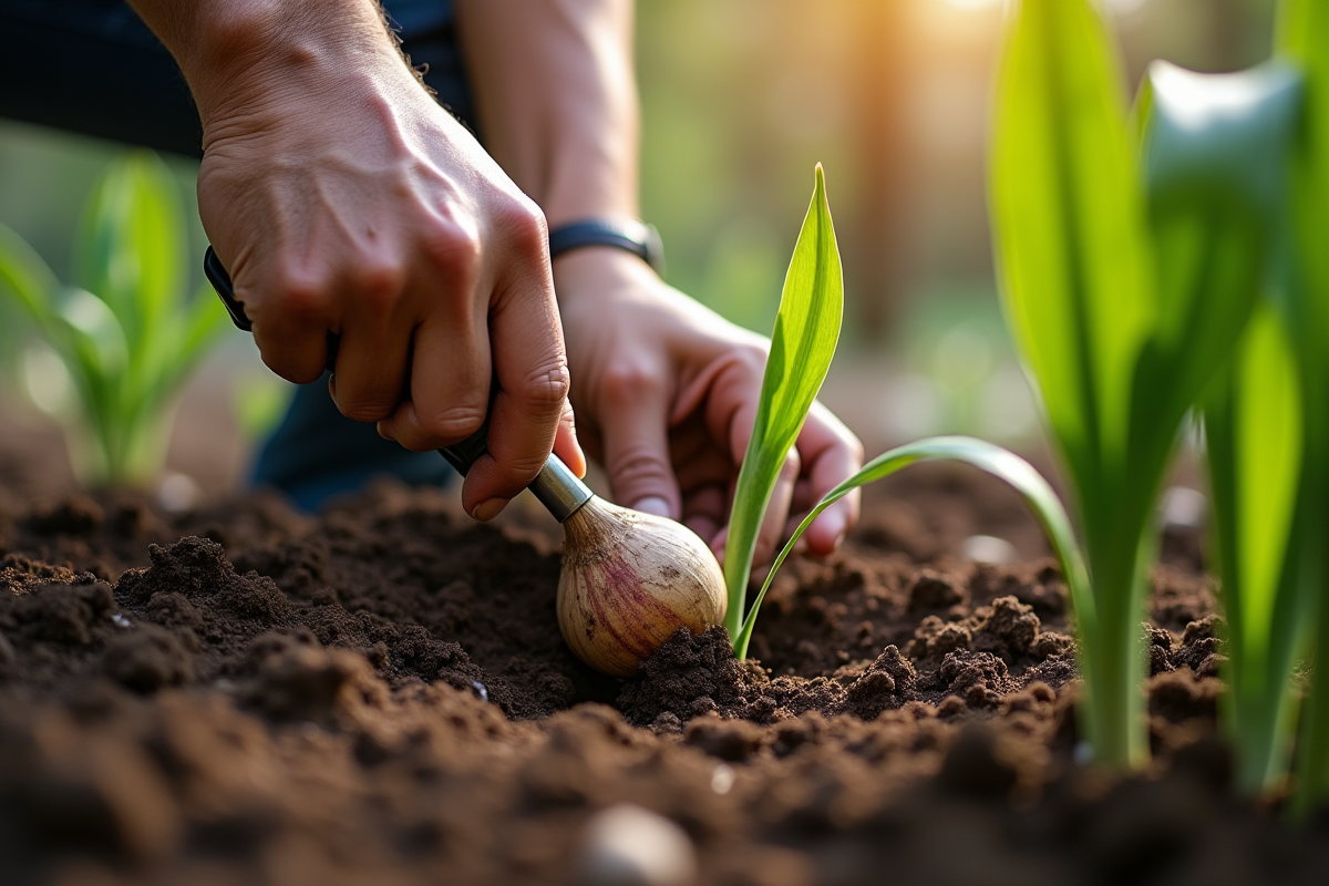 Mains de jardinier plantant un bulbe de lis dans la terre