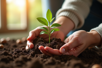 Main plantant un jeune noyer dans la terre