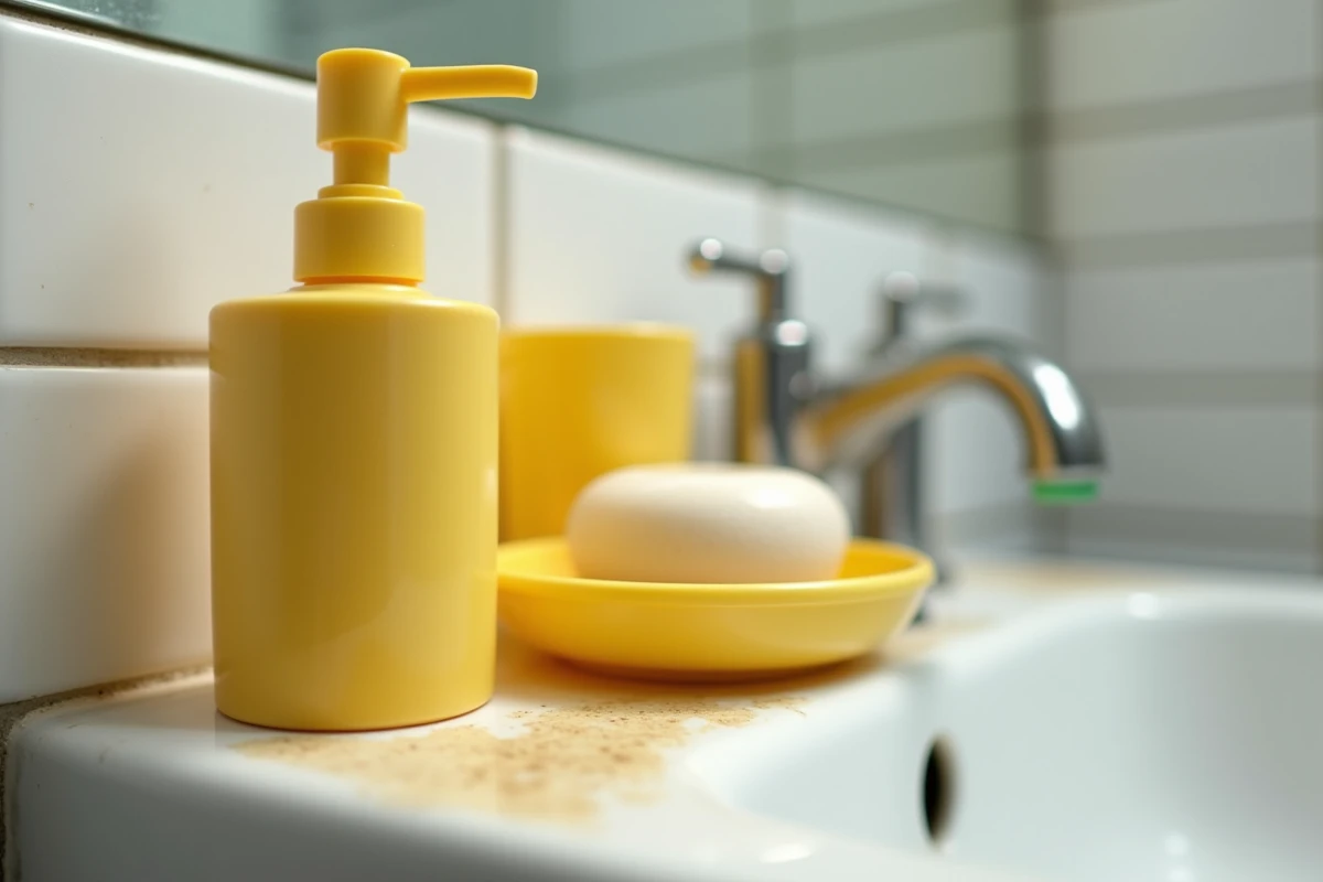 Accessoires de salle de bain en plastique jauni posés sur un lavabo en céramique blanche