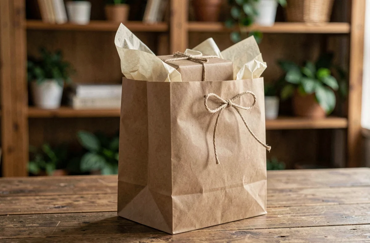 Pochette cadeau en papier kraft posée sur une table en bois rustique avec un ruban en ficelle naturelle et du papier de soie