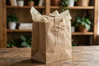 Pochette cadeau en papier kraft posée sur une table en bois rustique avec un ruban en ficelle naturelle et du papier de soie