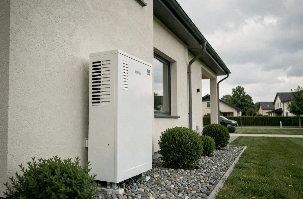 Pompe à chaleur air-eau installée en extérieur contre la façade d'une maison moderne avec gravier et arbustes