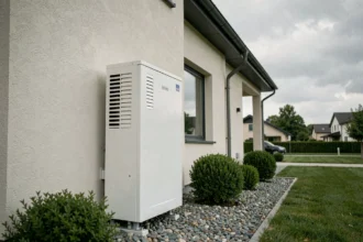 Pompe à chaleur air-eau installée en extérieur contre la façade d'une maison moderne avec gravier et arbustes
