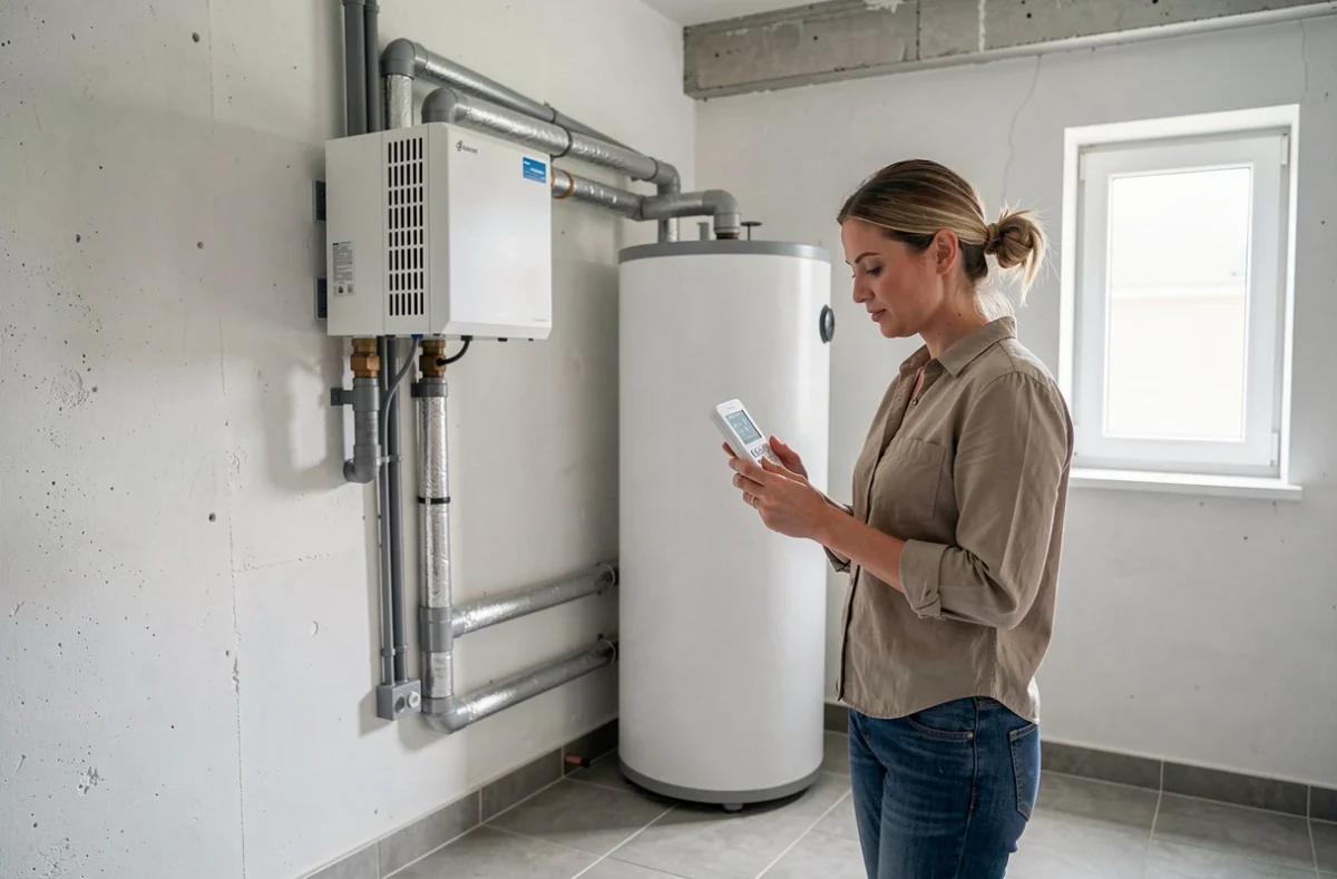 Intérieur d'une chaufferie domestique avec unité intérieure de pompe à chaleur air-eau et ballon d'eau chaude