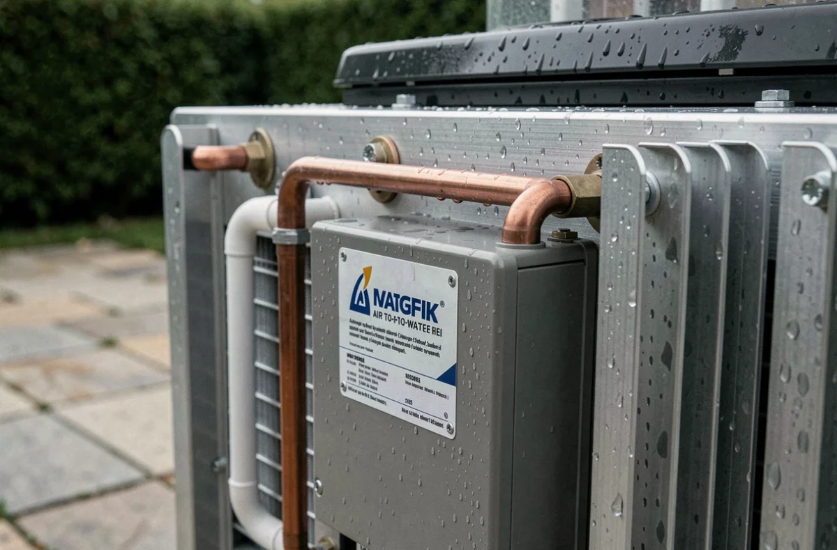 Gros plan sur l'échangeur thermique et les tuyaux en cuivre d'une pompe à chaleur air-eau en extérieur