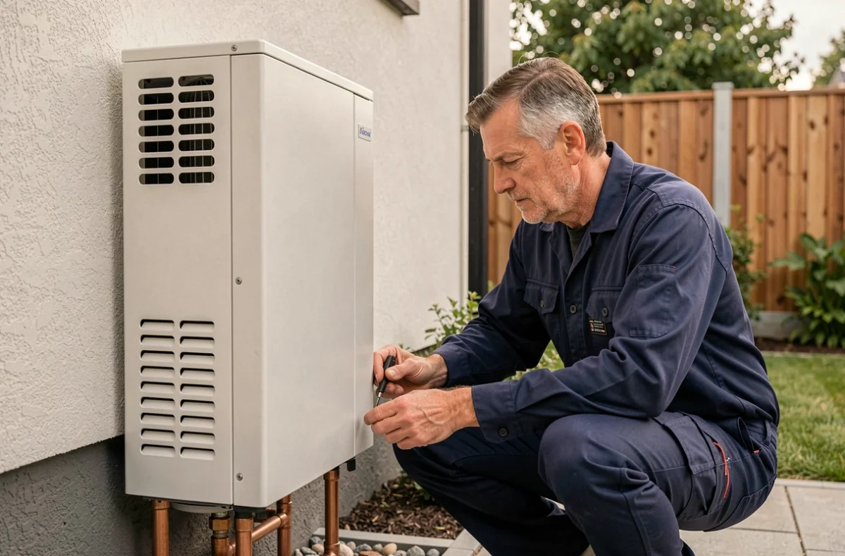 Technicien inspectant une pompe à chaleur air-eau installée sur la façade extérieure d'une maison moderne