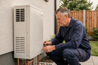 Technicien inspectant une pompe à chaleur air-eau installée sur la façade extérieure d'une maison moderne