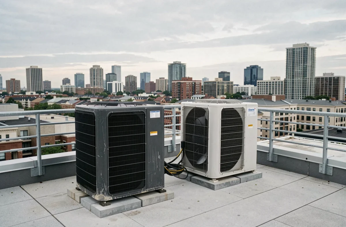 Unités extérieures de pompes à chaleur sur toiture-terrasse d'immeuble urbain
