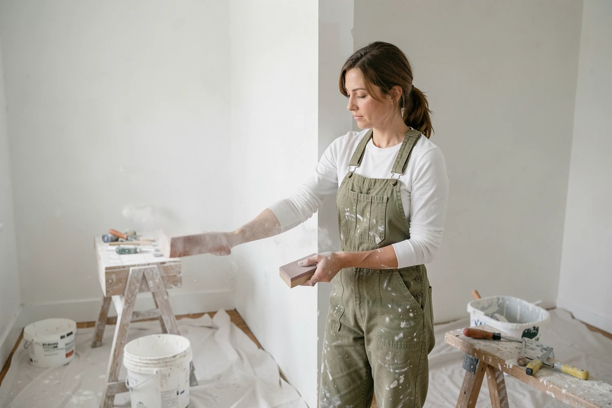 Femme ponçant un angle de plâtre réparé avec une bande armée dans une pièce en cours de rénovation