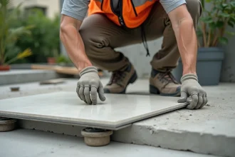 Ouvrier posant une dalle en grès cérame 2 cm sur plot béton ajustable lors de l'aménagement d'une terrasse extérieure