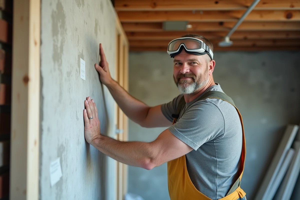 Artisan installant une plaque d'isolation thermique sur un mur intérieur lors de travaux de rénovation