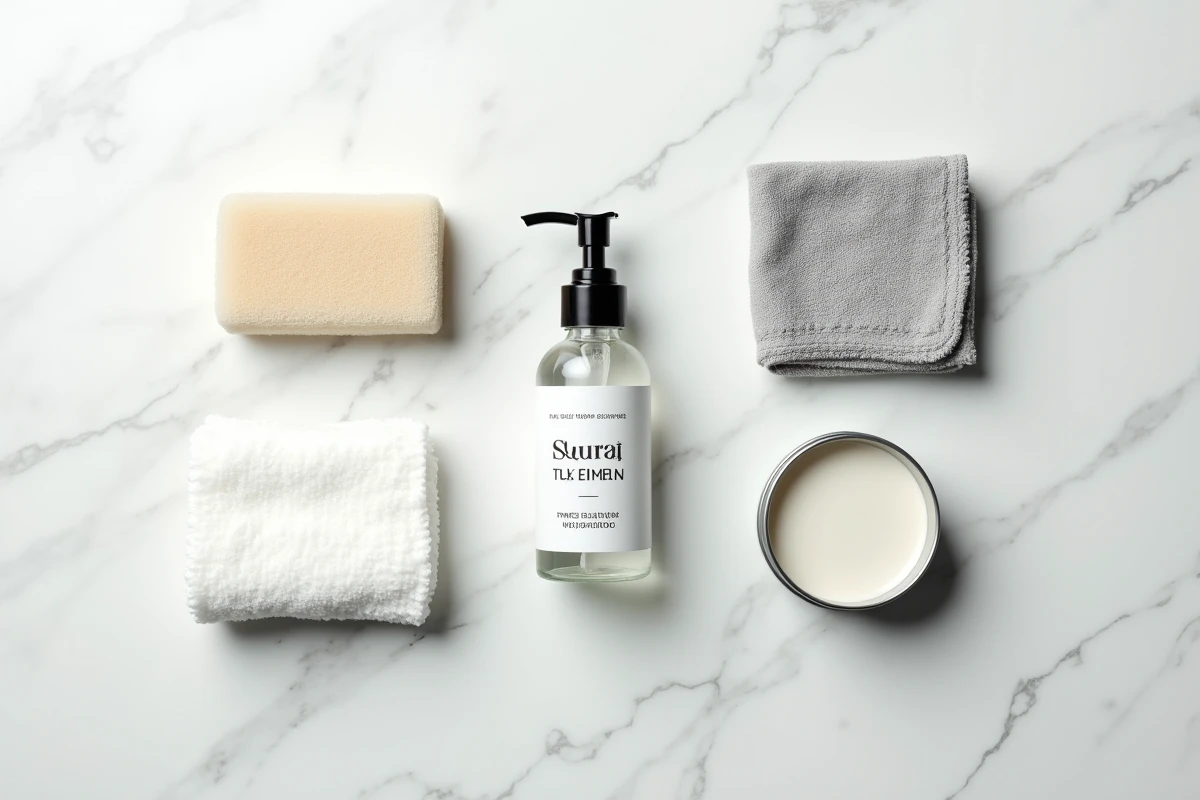 Ensemble de produits et accessoires pour nettoyer un canapé en cuir blanc et éliminer les marques sombres