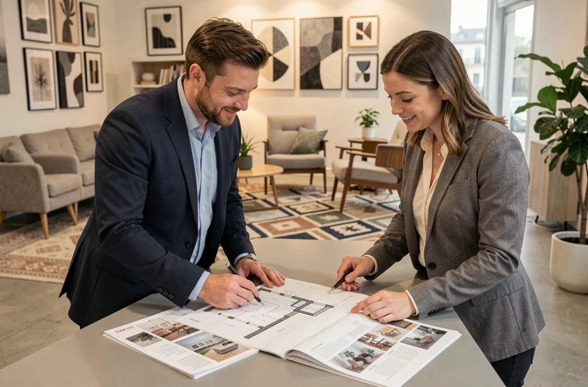 Deux professionnels consultant des catalogues de décoration dans un showroom lyonnais dédié aux espaces professionnels