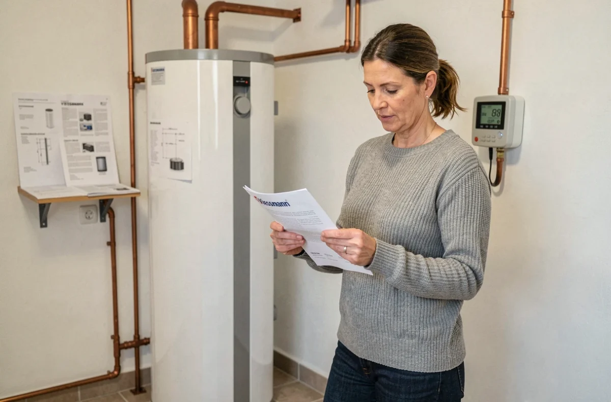 Propriétaire consultant le manuel d'installation d'une pompe à chaleur Viessmann dans une chaufferie moderne