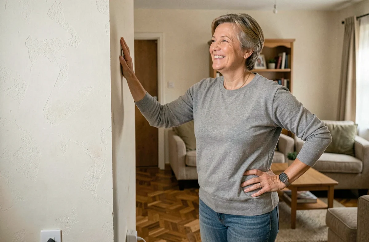 Propriétaire satisfaite touchant un mur intérieur sec après traitement par inverseur de polarité électromagnétique contre l'humidité
