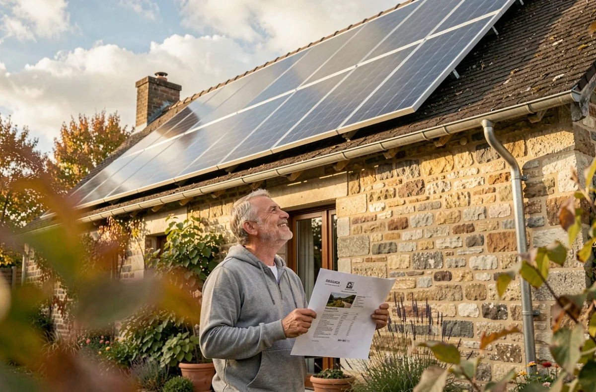 Propriétaire satisfait admirant ses panneaux solaires installés sur sa maison en pierre à Dijon