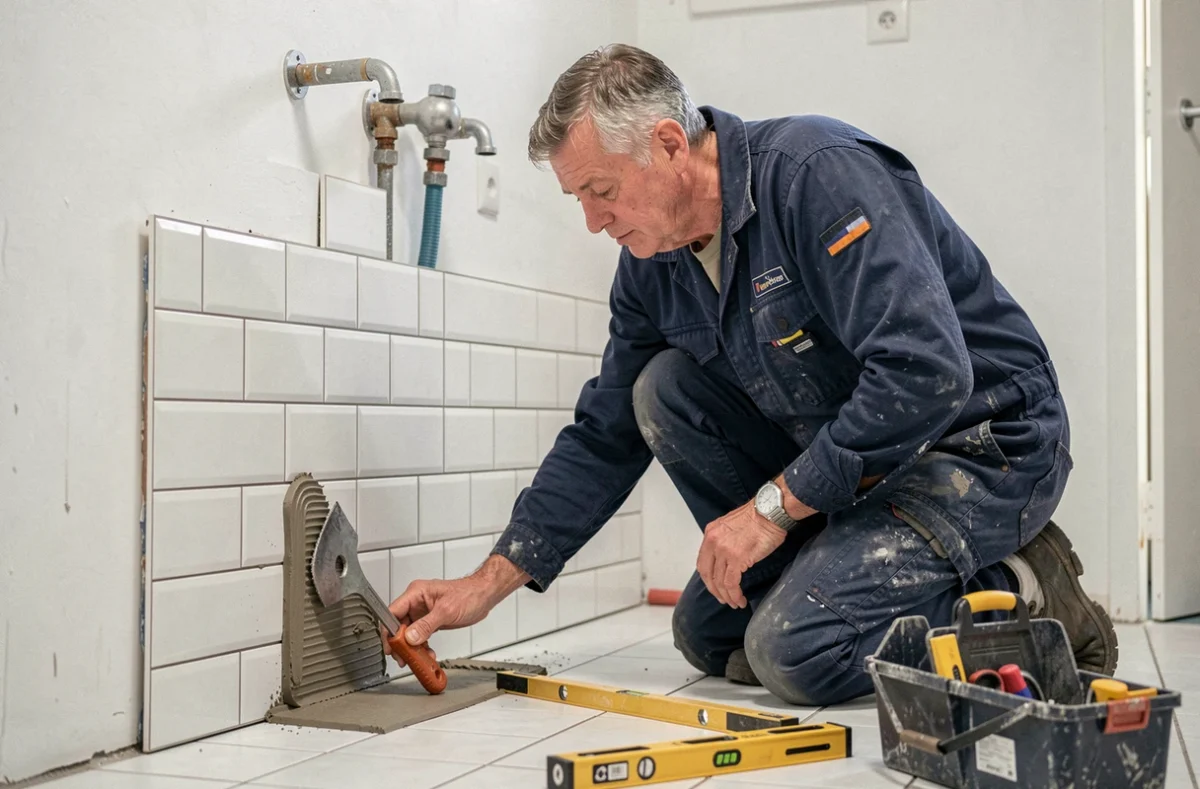 Artisan carreleur-plombier posant du carrelage mural dans une salle de bain résidentielle dans le Nord