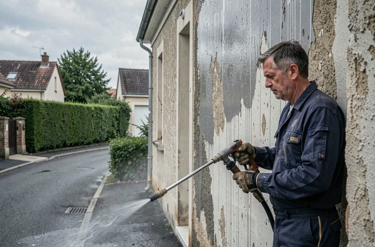 Technicien Quatre à Quatre Services nettoyant au jet haute pression la façade d'une maison pavillonnaire en Isère