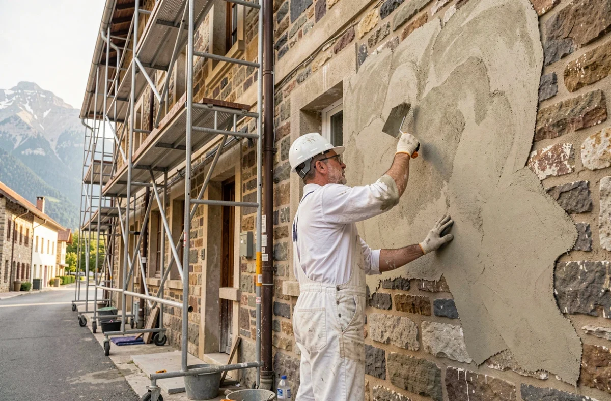 Ouvrier professionnel effectuant un ravalement de façade sur un bâtiment traditionnel en Isère avec les Alpes en arrière-plan