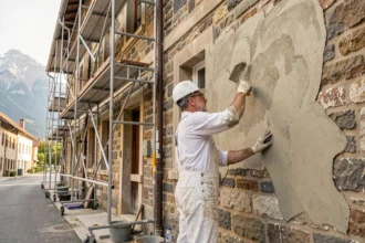 Ouvrier professionnel effectuant un ravalement de façade sur un bâtiment traditionnel en Isère avec les Alpes en arrière-plan