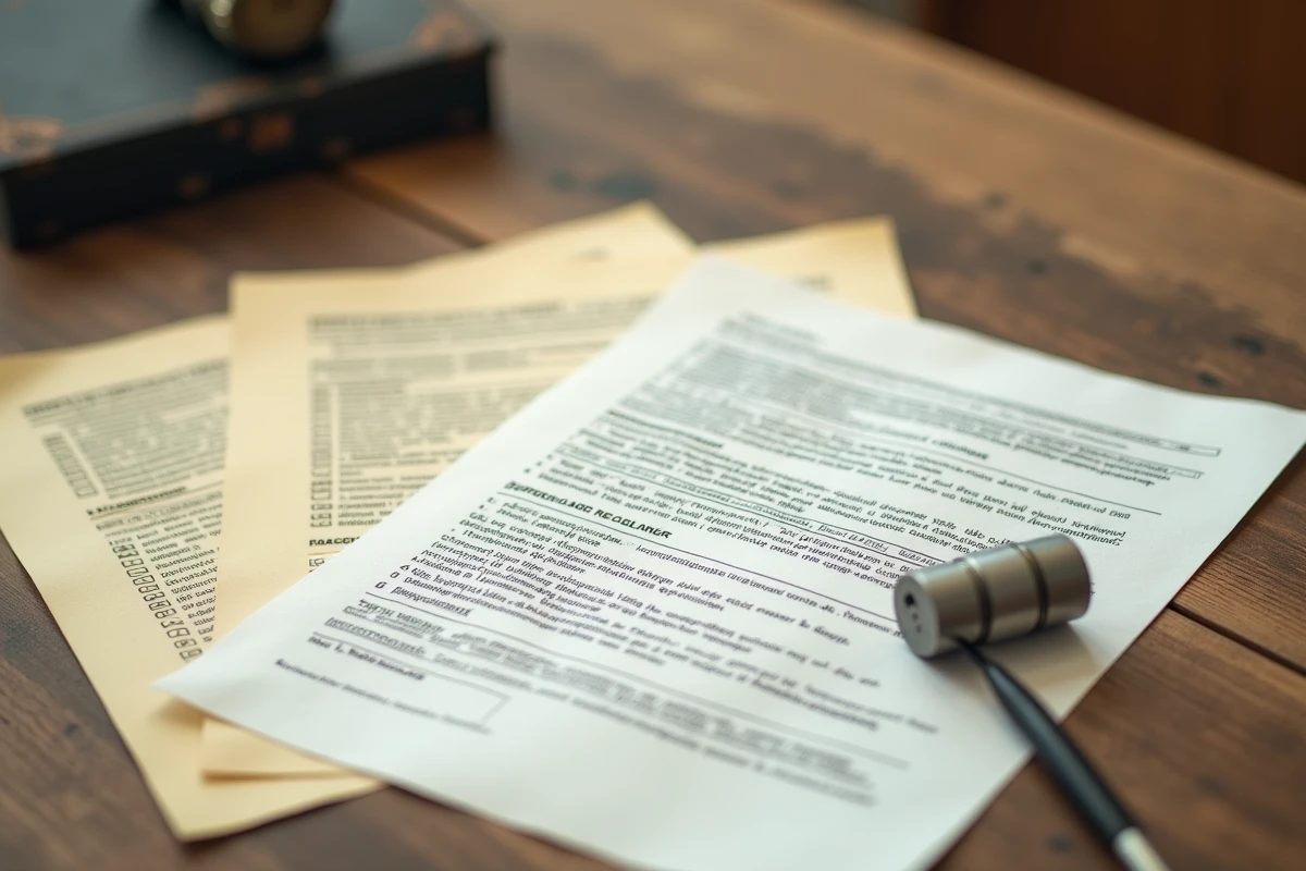Documents réglementaires français sur une table en bois concernant l'utilisation d'un fût de 200 litres comme appareil de chauffage