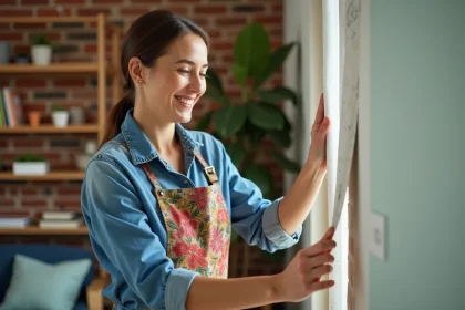 Femme appliquant du papier peint dans un loft chaleureux