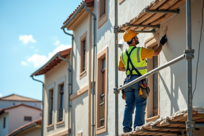 Professionnel restaurant une façade de maison ancienne en journée ensoleillée