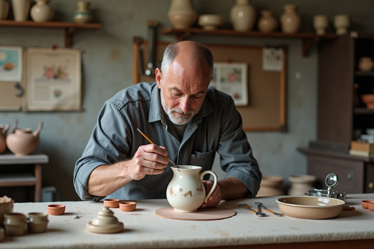 Artisan restaurant une pichet en faïence Henriot Quimper avec un pinceau fin dans un atelier de céramique