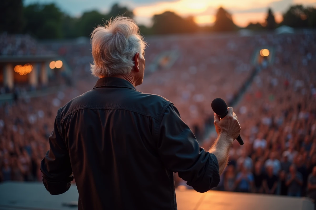 Chanteur aux cheveux argentés sur scène face à une grande foule lors d'un concert en plein air, micro en main, symbolisant un retour triomphal
